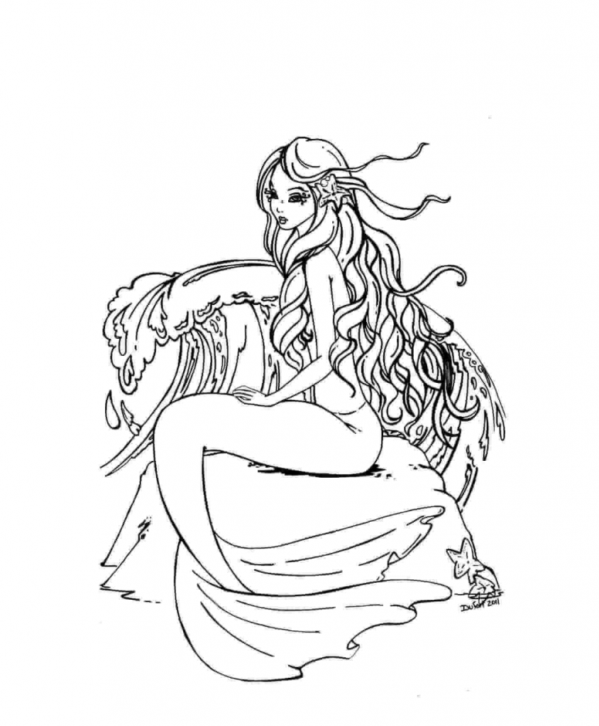 Mermaid In A Deep Thought Coloring Page