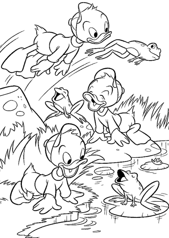 Huey, Dewey, Louie Playing In The Pond Coloring Page