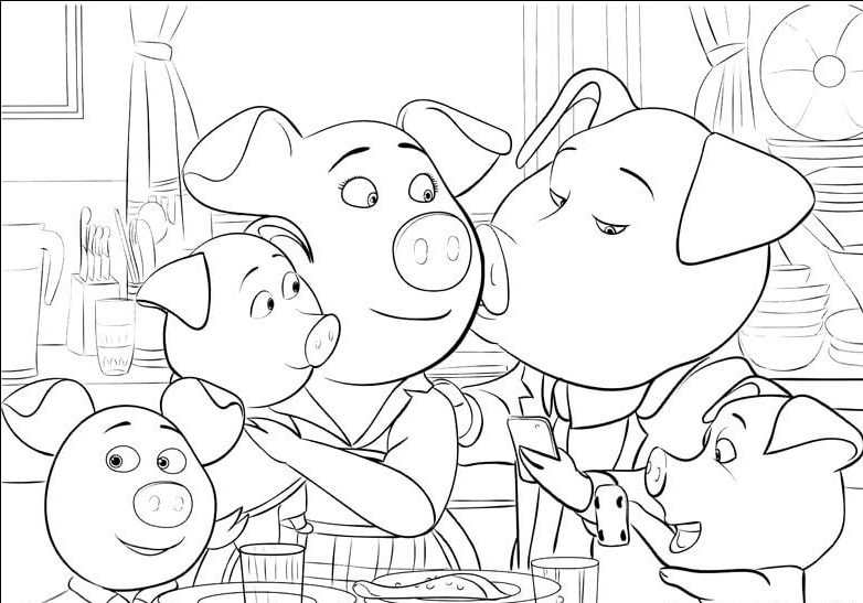 Rosita and ‘Norman’ With Their Piglets Sing Movie Coloring Page