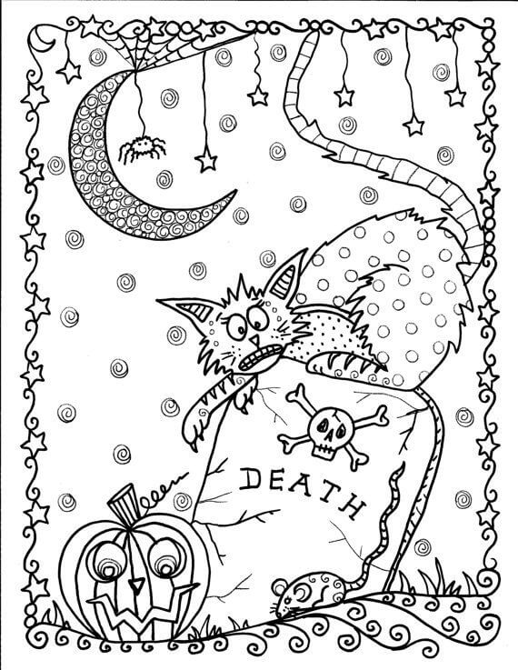 Spooked Out Cat Coloring Page