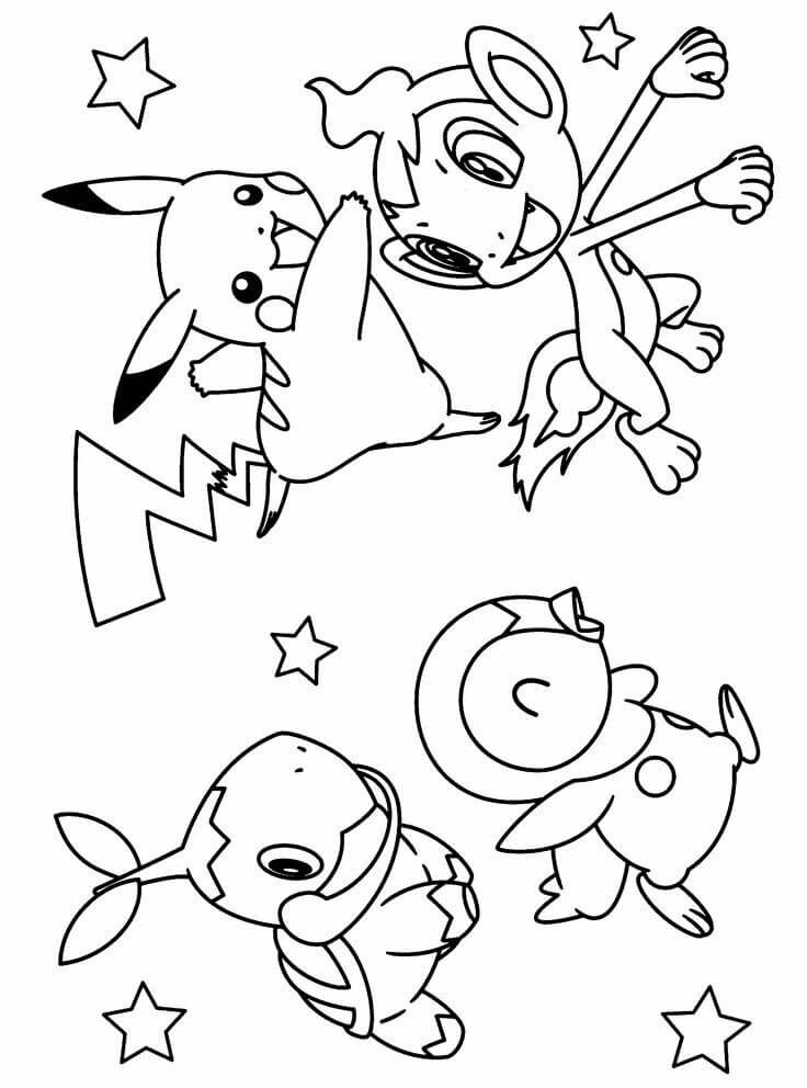 Chimchar, Pikachu, Turtwig, and Piplup Pokemon Coloring Pages