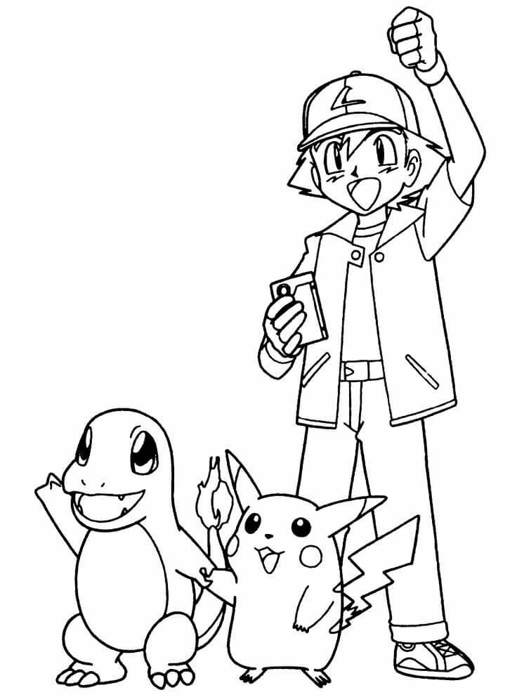 Pokemon Ash, Pikachu and Charmander Coloring Pages