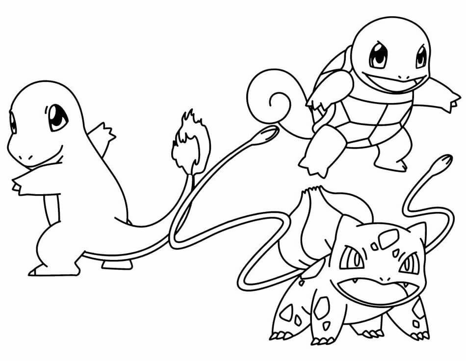 Bulbasaur, Squirtle, and Charmander Pokemon Coloring Pages
