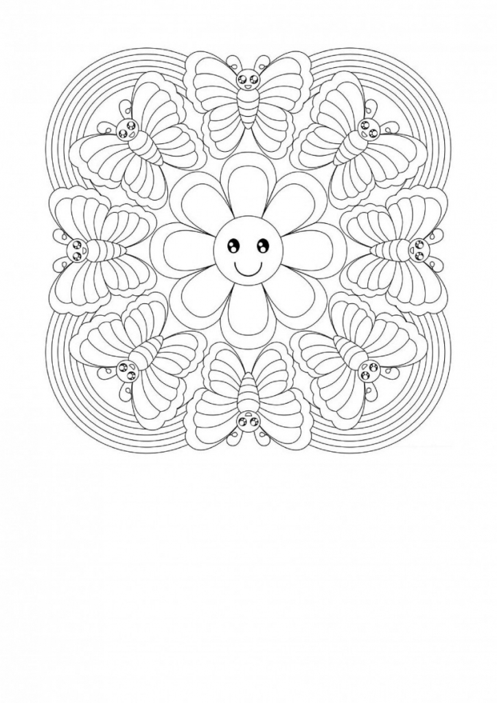 Butterflies And Flowers Mandala Coloring Page