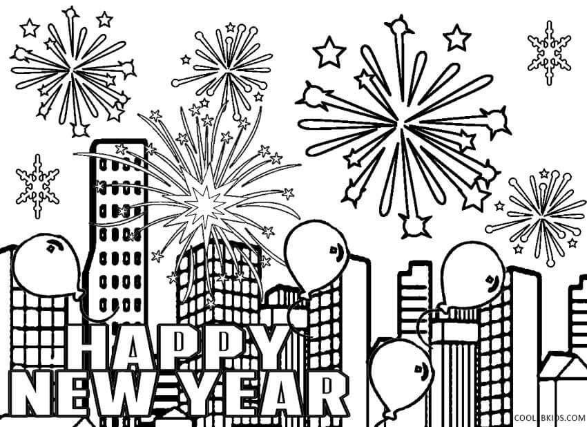 Happy New Year 2018 Fireworks Coloring Page