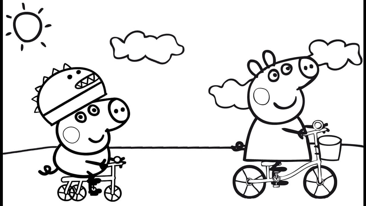 Peppa Pig Cycling With George Coloring Page