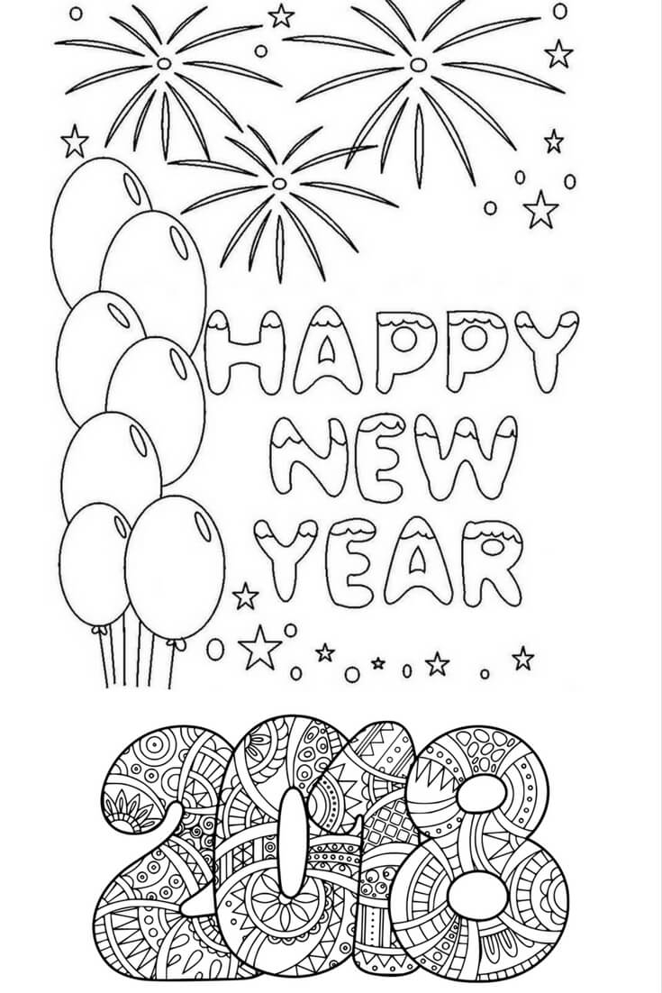 Printable New Year 2018 Coloring Page