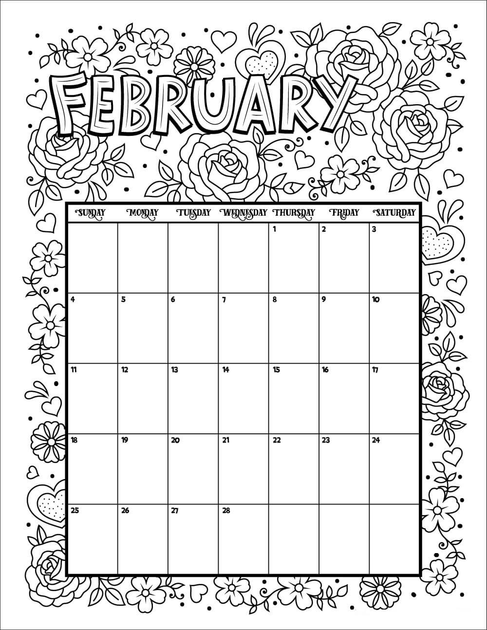 February 2018 Calendar Coloring Pages