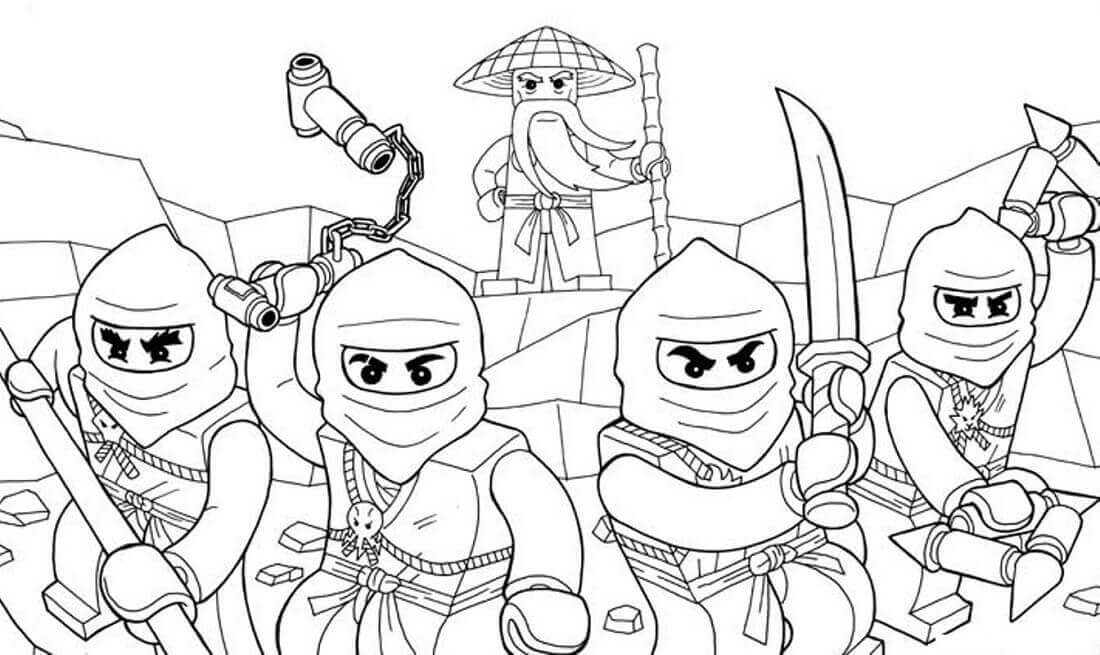 Ninjago Coloring Pages Sensei Wu With His Team of Ninjas