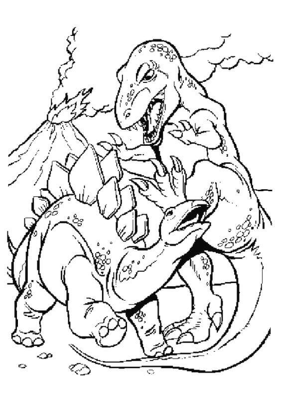 Dinosaur And Volcano Coloring Page