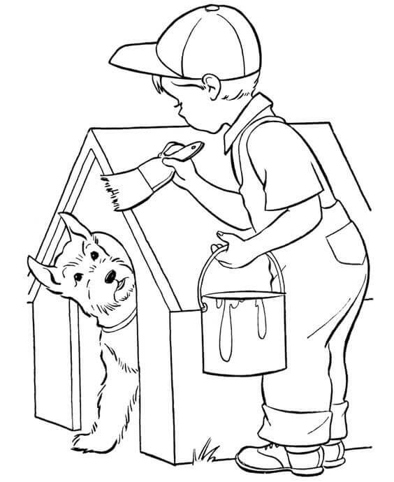 Dog And Dog House Coloring Page