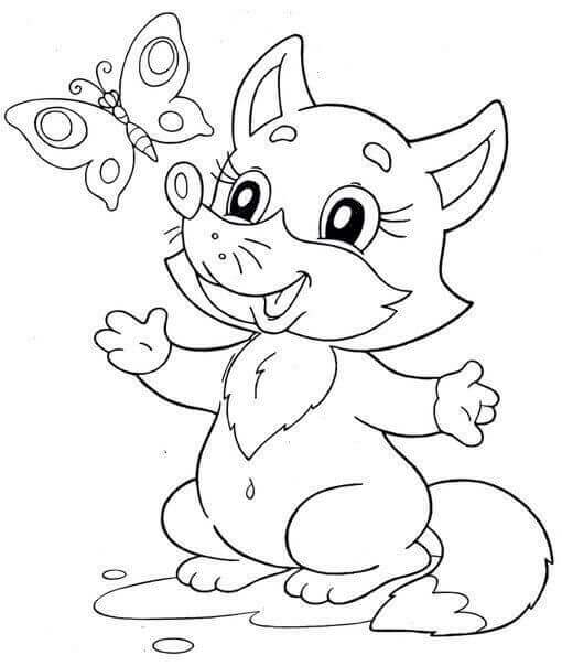 Fox And Butterfly Coloring Page