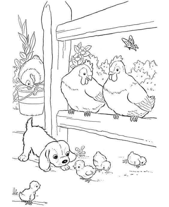 Puppy With Farm Animals Coloring Page