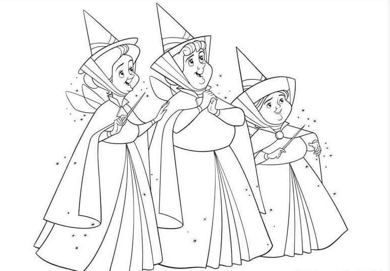 Flora Fauna and Merryweather Fairygodmother Coloring Page