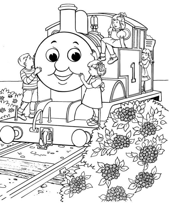 Kids With Thomas The Train Coloring Page