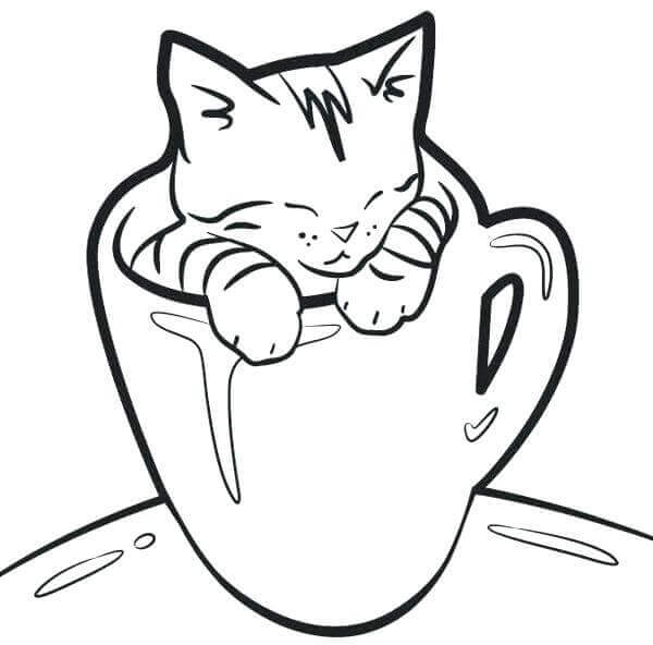 Kitten In A Cup Coloring Page