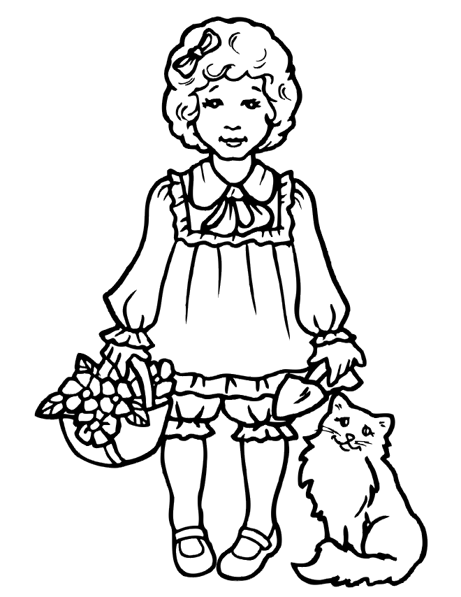 Girl And Kitten Coloring Page