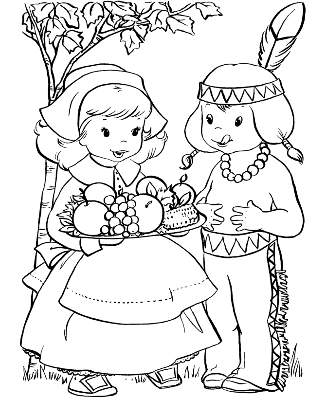Pilgrim And Native Indian Coloring Page