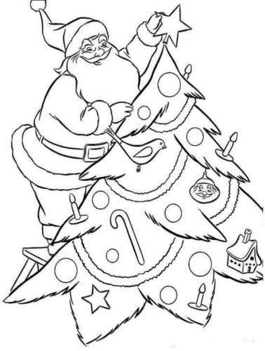 Santa Decorating Christmas Tree Coloring Printable