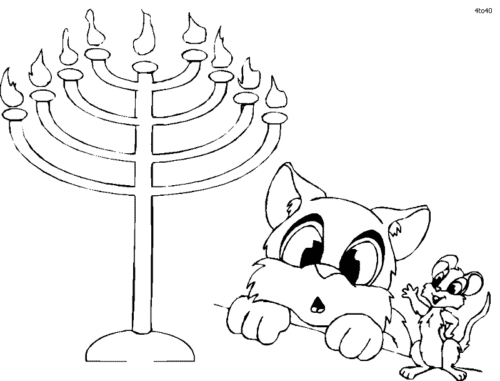 Cat And Mouse With Menorah Coloring Page