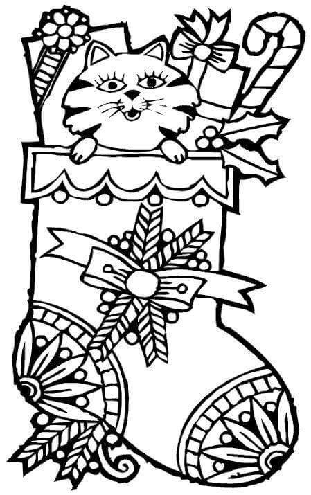 Cat In Stocking Coloring Picture To Print