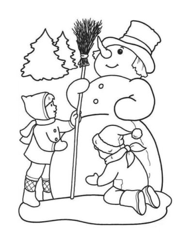 Children Making Snowman Coloring Page