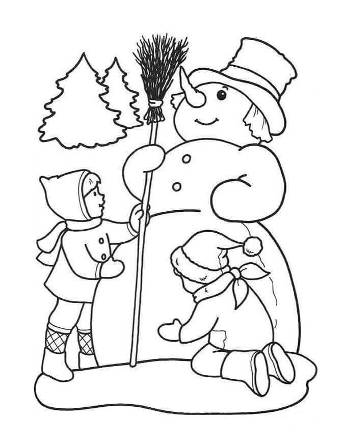 Children Making Snowman Coloring Page