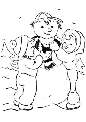 Children With Snowman Coloring Page