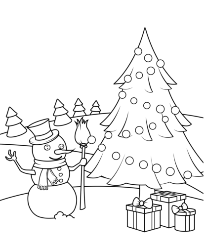 Christmas Tree And Snowman Coloring Page