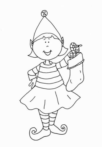 Elf With Stocking Coloring Page