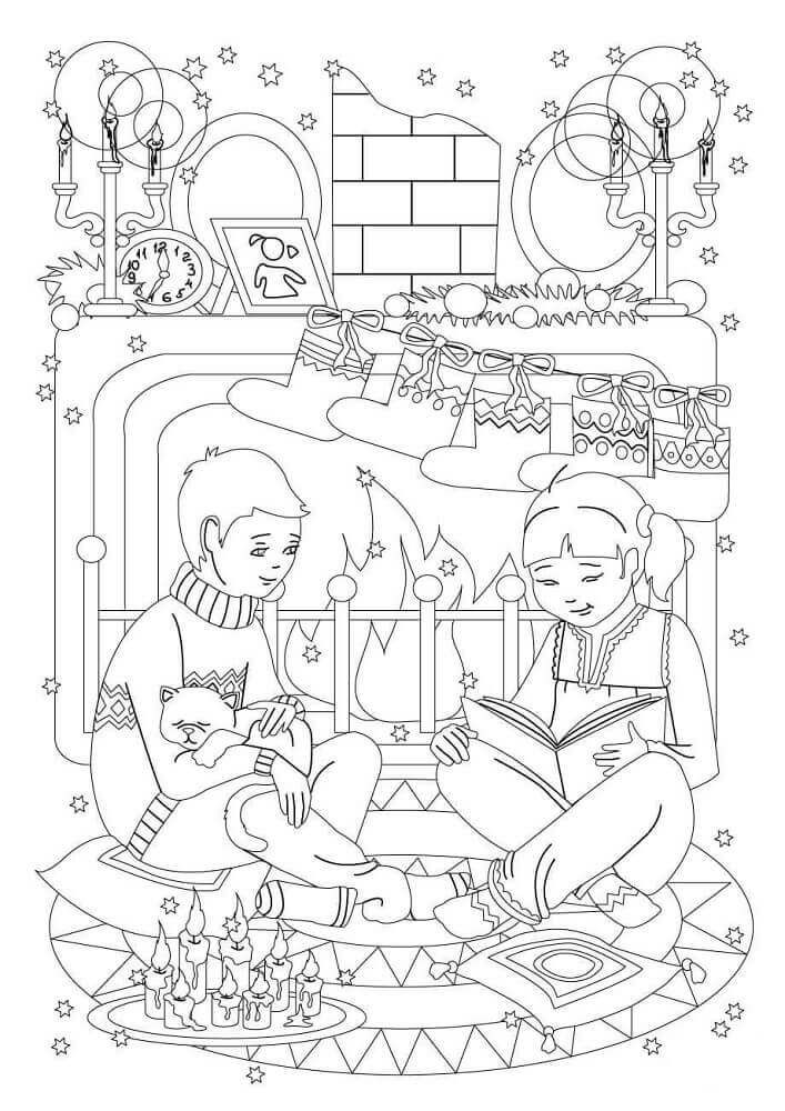 Kids In Front Of Mantelpiece Filled With Stocking Coloring Sheet