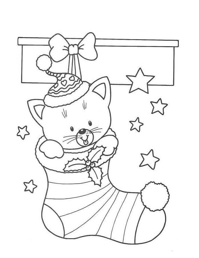 Kitten In Christmas Stocking Coloring Page