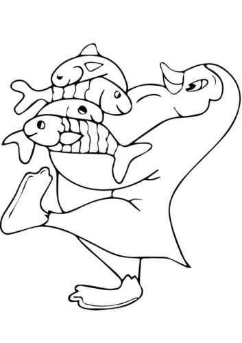 Penguin With Fish Coloring Page
