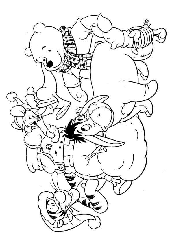 Pooh Building Snowman Coloring Page