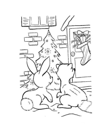 Rabbit And Fox Looking At Christmas Stocking Colouring Sheet