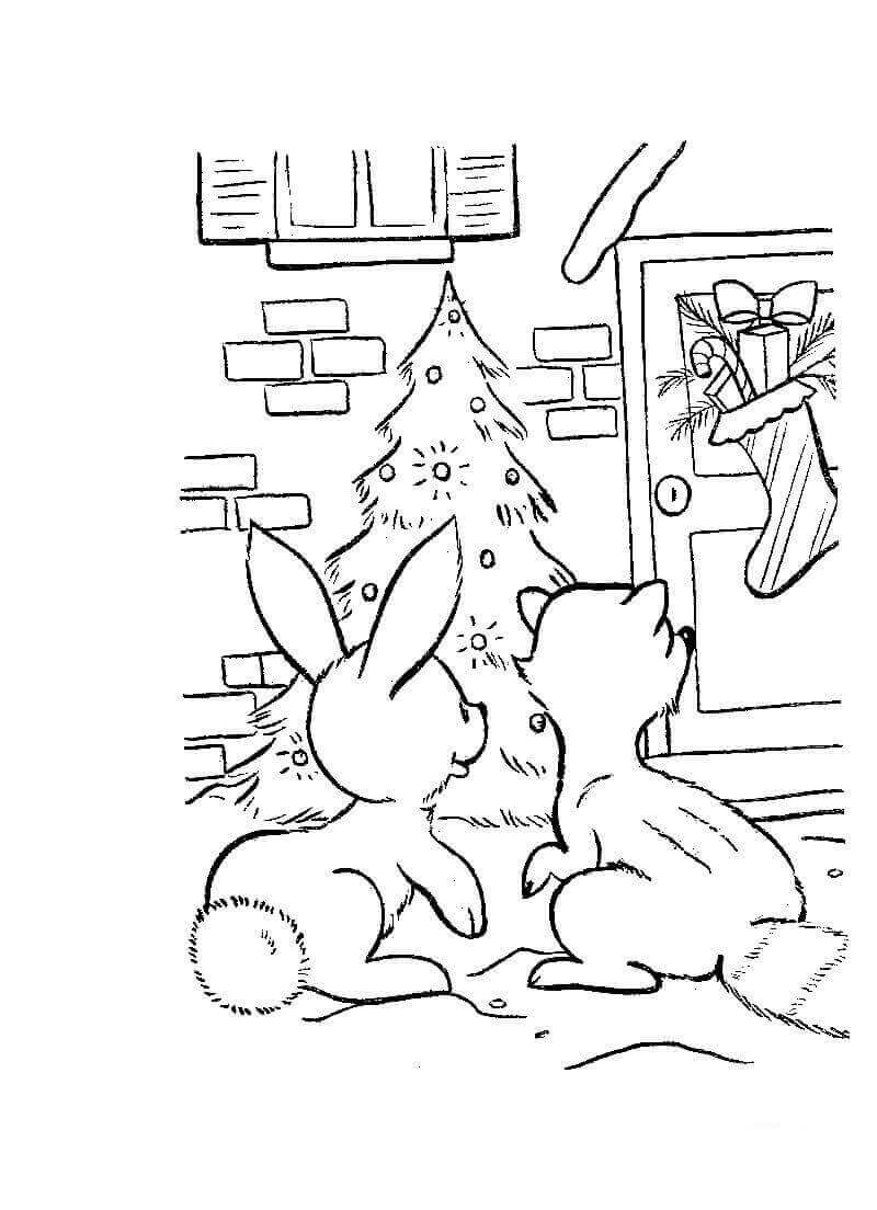 Rabbit And Fox Looking At Christmas Stocking Colouring Sheet