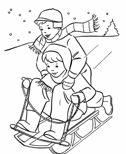 Sledding In Winter Coloring Page