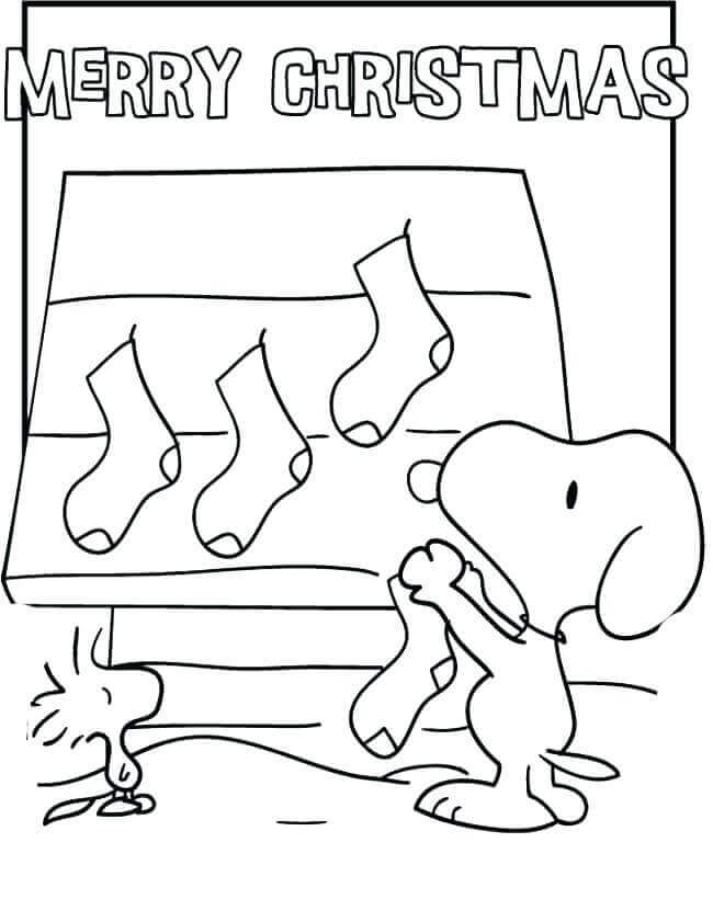 Snoopy Putting Up Christmas Stockings Coloring Page