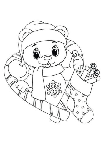 Teddy Bear With Stocking Coloring Page
