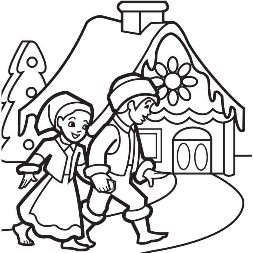 Boy And Girl Visiting Gingerbread House Coloring Page