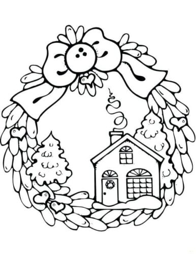 Christmas Wreath With Gingerbread House Coloring Picture