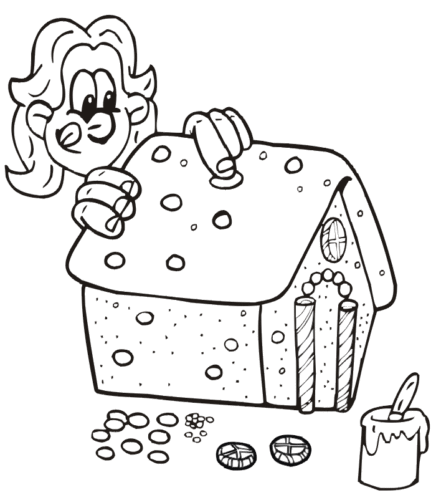 Girl Decorating Gingerbread House Coloring Page