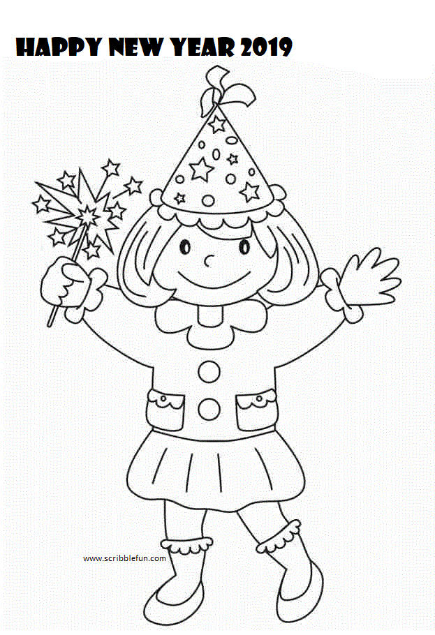 Girl Wishing Happy New Year 2019 Coloring Page