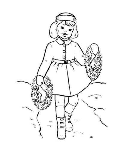 Girl With Christmas Wreaths Coloring Page