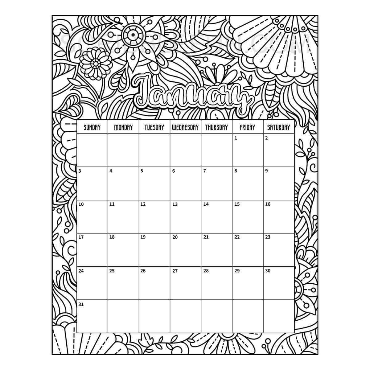 January 2021 calendar coloring page