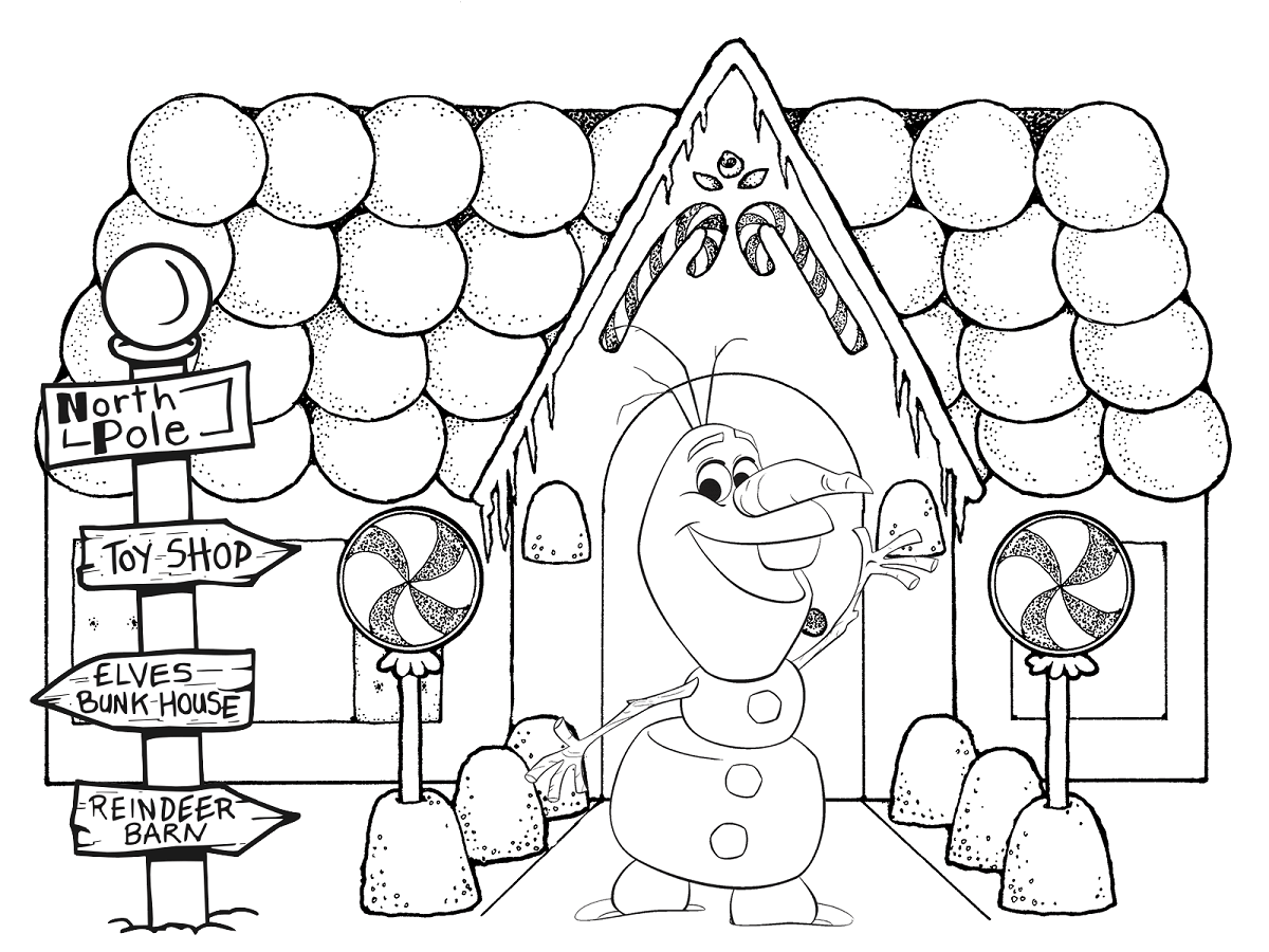 Olaf In Front Of Gingerbread House Coloring Page
