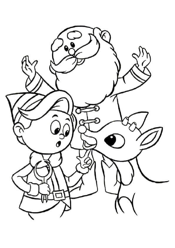 Rudolph With Santa And Elf Coloring Page