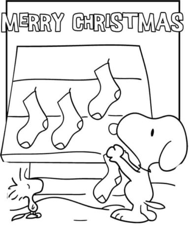Snoopy And Woodstock Putting Up Christmas Stockings Coloring Page