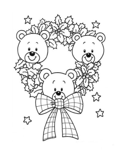 Teddy Bear On Christmas Wreath Coloring Picture