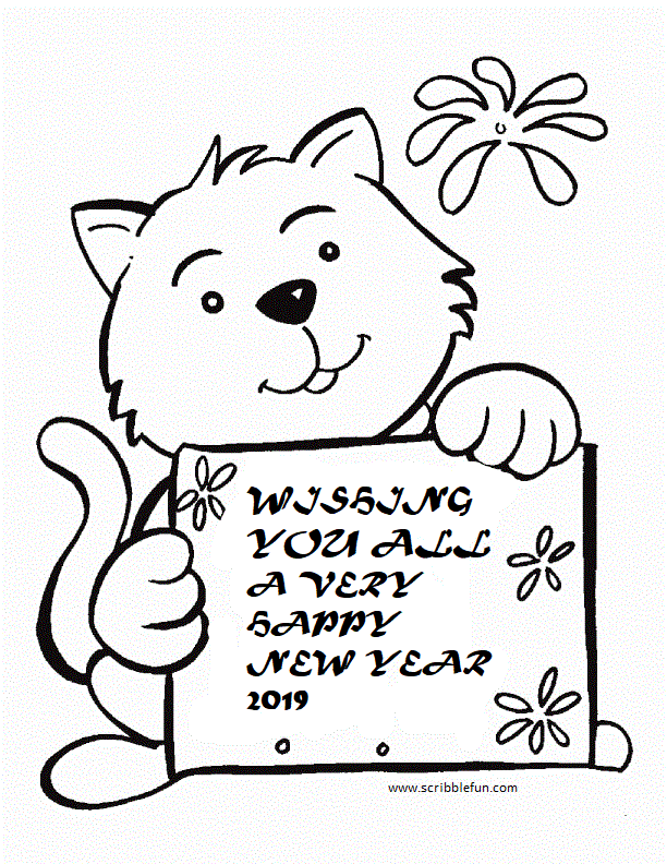 Teddy Wishing Happy New Year 2019 Coloring Image